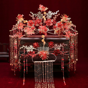 新娘中式古装头饰套装红色凤冠流苏脑后发梳古风汉服秀禾发饰歆蕊