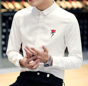 英伦春装新款男士长袖修身刺绣衬衫玫瑰花潮青年白色百搭衬衣韩版