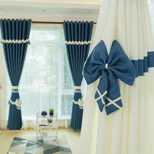 现代北欧简约清新地中海蓝色卧室客厅全遮光落地棉麻3.2加高窗帘