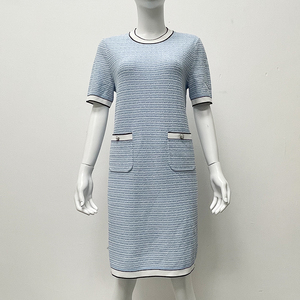 克劳西国内正品代购夏季女装新款小香风圆领撞边气质针织连衣裙
