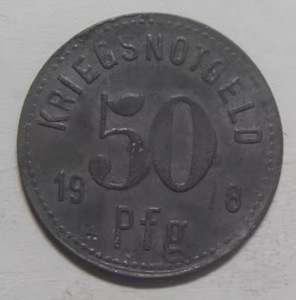 德国 1918年 50盆尼 阿波尔达市 锌制紧急状态币