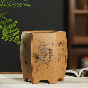 全手工紫砂精品应小青力作五虎上将六方花盆石痕书刻原矿五彩段泥