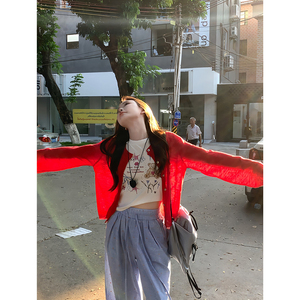 韩系红色长袖针织小开衫女装夏季蝴蝶结薄款防晒外套披肩短款上衣