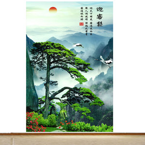 竖版迎客松招财风景画客厅沙发背景墙装饰画远山靠山美景自粘贴画