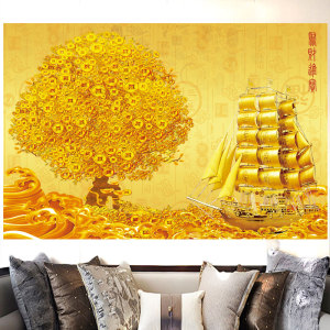 黄金发财树聚宝盆摇钱树背景墙装饰壁画金色一帆风顺满载而归贴画