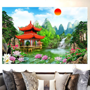 山水画挂画卷轴三尺三仙家天宫图小桥亭子鹤佛堂背景墙供奉8人付款32