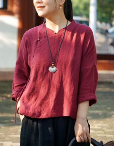 红拂柜中缘原创中式文艺复古石墨酒红薄亚麻九分袖大襟上衣女装夏