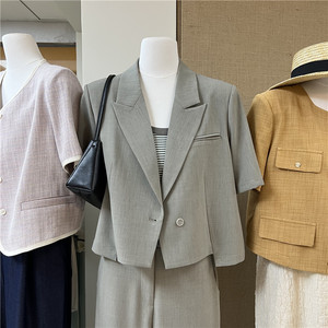 MOOTEA 夏季小西装外套女2024新款韩版宽松短款纯色短袖西服外搭