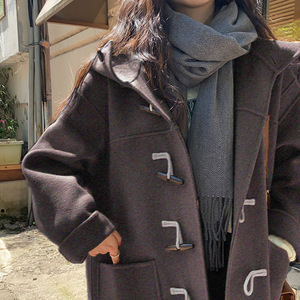 韩国原单外贸女装双面呢羊毛大衣手工缝制减龄牛角扣羊绒风衣外套