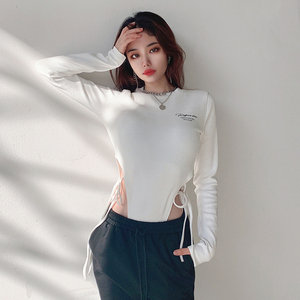 weekeep高叉绑带打底长袖连体衣女性感修身显瘦外穿跳舞t恤百搭潮