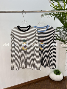 VIVI韩国代购OFF-MICHLY女装2024夏条纹卡通鸭子图案防晒长袖T恤