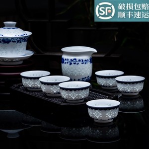 2024景德镇茶具套装手绘青花瓷中式镂空玲珑高温白瓷盖碗茶杯礼品