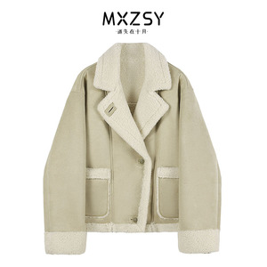 MXZSY 麂皮绒皮毛一体短外套女2024年春季加绒立领宽松机车服夹克