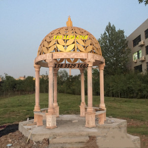 曲阳石雕欧式石凉亭圆顶铁艺冒户外别墅休闲石亭子黄锈石罗马柱亭