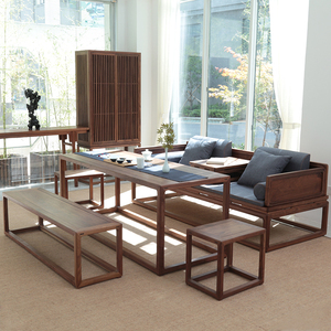 罗汉床茶桌椅组合黑胡桃禅意办公茶桌茶台家用北方老榆木家具整装