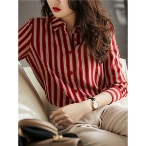 红色条纹衬衫女2023秋季新款法式高级设计感小众上衣气质打底衬衣