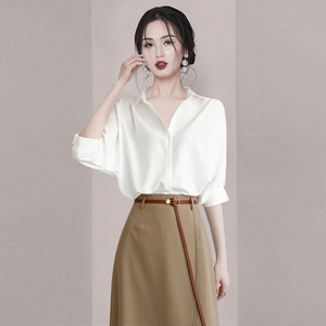 韩版网红ins西装内搭白色衬衫设计感小众显瘦宽松五分袖抗皱上衣