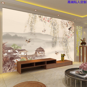 新中式8d山水画风景墙布饭店包厢墙纸客厅电视背景墙壁纸花鸟壁画