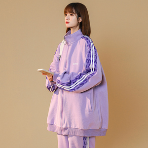 2022春装运动服套装女生酷帅穿搭休闲高级时尚紫色卫衣裤子两件套
