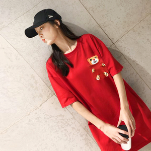 红色虎年本命年大码短袖t恤女宽松2021夏新年衣服中长款情侣体恤