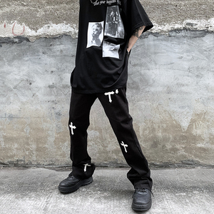 黑衣先生欧美高街十字架休闲ins风修身直筒长裤男复古微喇叭裤潮