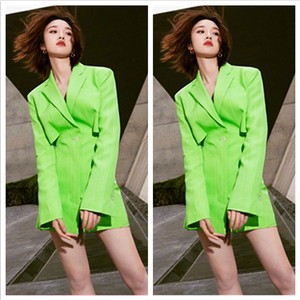 唐艺昕抖音小红书同款绿色西装裙长袖镂空露腰连衣裙短裙子衣服女