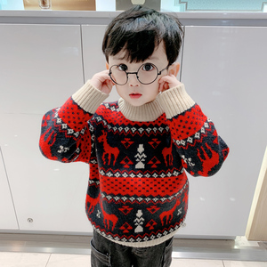 男童装加厚毛衣红色圣诞麋鹿针织衫儿童套头打底衫宝宝新年毛线衣