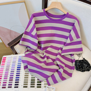 紫色条纹短袖t恤女2022新款夏季薄款中长款宽松百搭洋气上衣ins潮