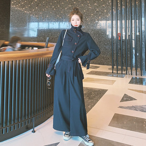 休闲工装连体裤女小个子2021早春新款韩版高腰显瘦宽松长袖阔腿裤