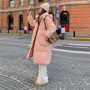 粉红色连帽羽绒服女中长款2024冬季新款韩版宽松甜美90白鸭绒外套