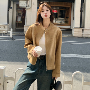 卡其色麂皮绒夹克女短款2024春季新款韩版复古休闲时尚设计感外套