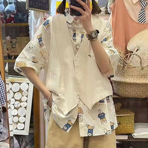 夏季新款设计感小众韩版宽松休闲工装纯色马甲印花短袖衬衣两件套