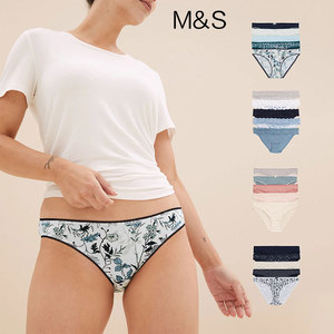 代购等3-5周 英国M&S马莎官网内裤 玛莎棉质印花低腰bikini短裤