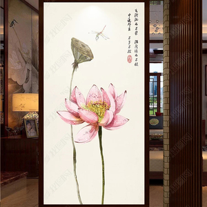 新古典禅意荷花玄关壁布过道走廊墙纸墙布新中式进门背景壁纸壁画