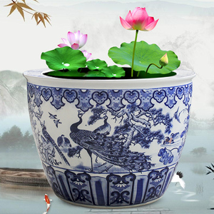 景德镇陶瓷金鱼缸荷花睡莲青花瓷盆风水招财水缸大号户外庭院养鱼