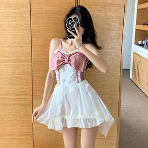 doumi保守学生可爱少女蝴蝶结遮肚显瘦纯欲风2022年新款泳衣女夏