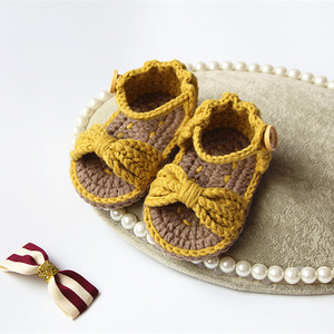 姜黄色蝴蝶结凉鞋婴儿宝宝毛线鞋双层底学步前鞋手工编织可定制鞋
