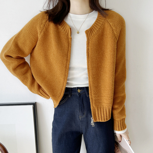 复古圆领粗棒针双拉链毛衣外套纯色百搭短款毛线针织开衫内搭上衣
