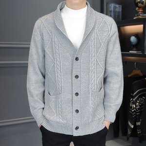 欧美式休闲复古扭花带纽扣针织衫开衫男士宽松手工编织的毛衣外套