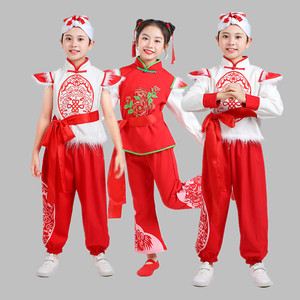 新款儿童安塞腰鼓服红色陕北民族服民歌学生服陕北民歌演出儿童服
