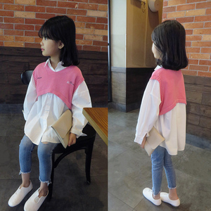 外贸韩国童装秋气质显肤亮粉前后不规则棉质女童2件套衬衣套装