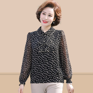妈妈春装洋气小衫中老年女上衣长袖中年人t恤春秋时尚雪纺打底衫