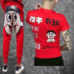 精神小伙套装男旺仔紧身衣t恤牛奶衣服短袖社会网红裤子抖音一套