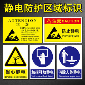 静电防护区域标识当心防止静电标识牌释放静电必须接地注意触摸消除
