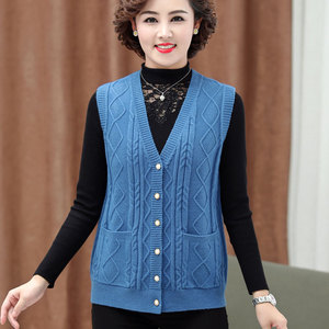 中年妇女妈妈春秋毛线马甲针织背心薄款外穿中老年人毛衣坎肩短款