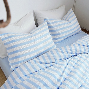 日式公主风纯棉泡泡纱床单四件套全棉床笠1.8m床用品纯色简约条纹