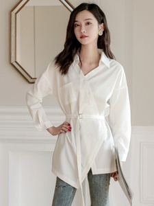 讴古儿法式白色雪纺衬衫女春秋季韩版设计感小众收腰洋气中长款长