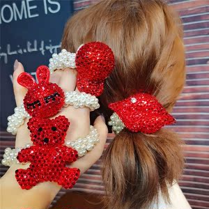 红色满钻大熊海星发圈发绳日韩闪钻珍珠球球帽子皮筋皮套头绳头花