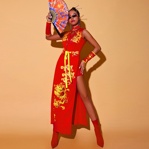 国潮中国风舞蹈表演旗袍ds演出服装新款女团大气开场舞扇子舞套装