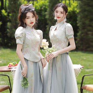 中式伴娘服女2024新款复古高级感姐妹团礼服旗袍显瘦伴娘裙小个子